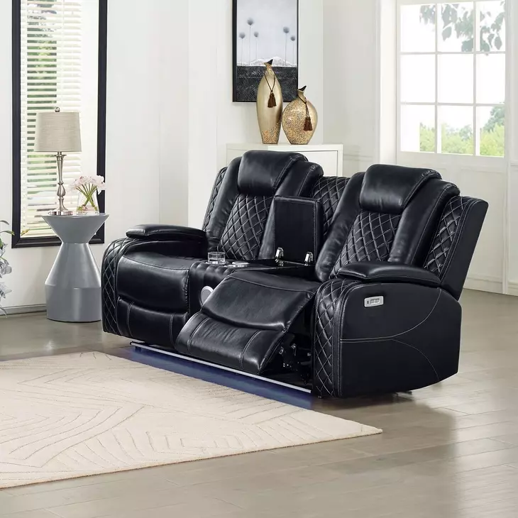 Orion Black Power Reclining 75" Console Loveseat With Power Headrest And Footrest