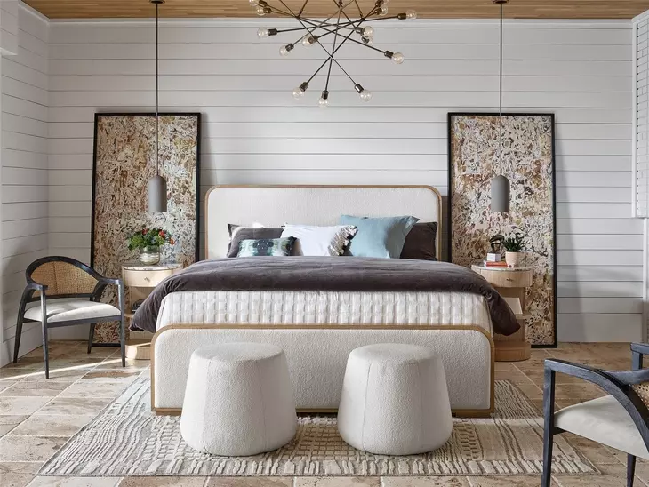 Voyage Ivory and White Oak King Upholstered Panel Bed