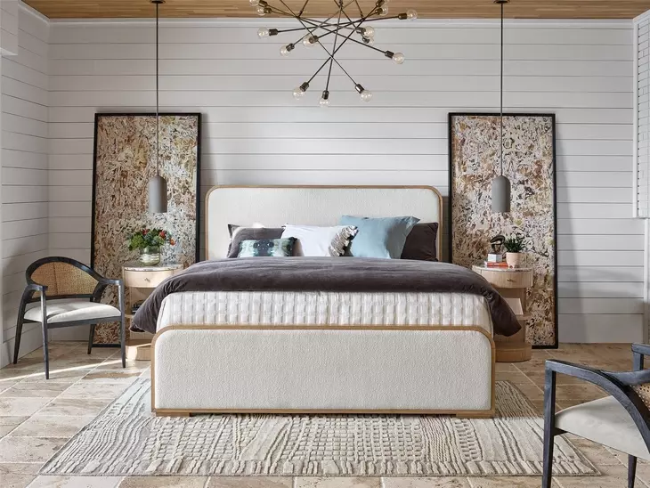 Voyage Ivory and White Oak King Upholstered Panel Bed