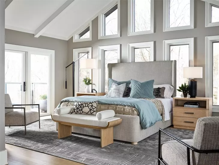 Nomad Beige and White Oak King Upholstered Daybreak Panel Bed