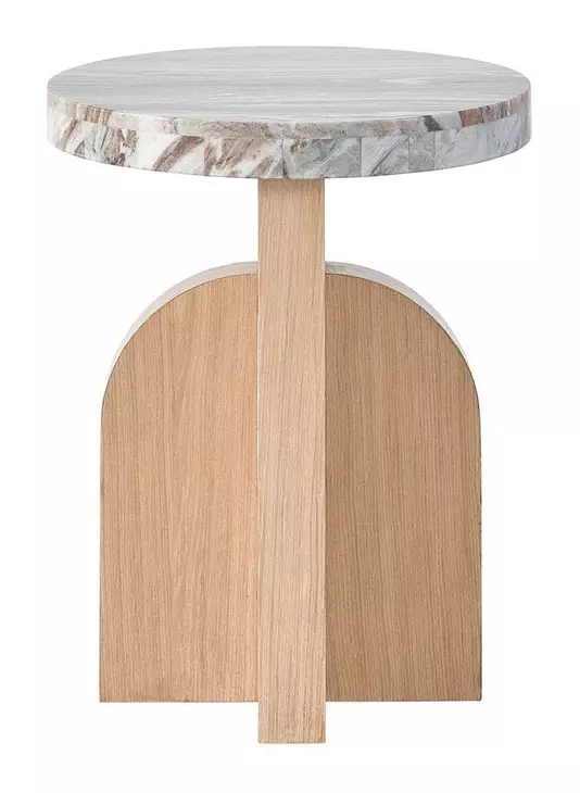 Voyage White and Tech Oak Round Stone Top Riverine Accent Table