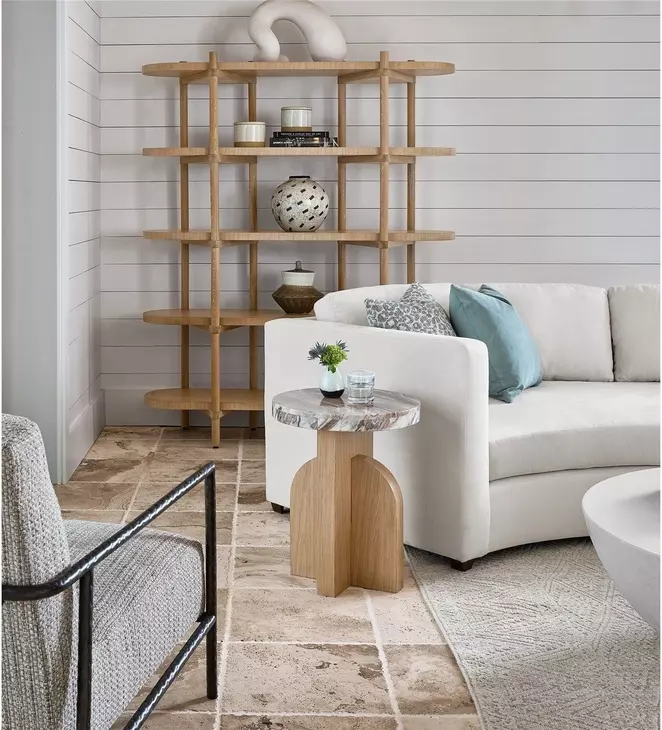 Voyage White and Tech Oak Round Stone Top Riverine Accent Table