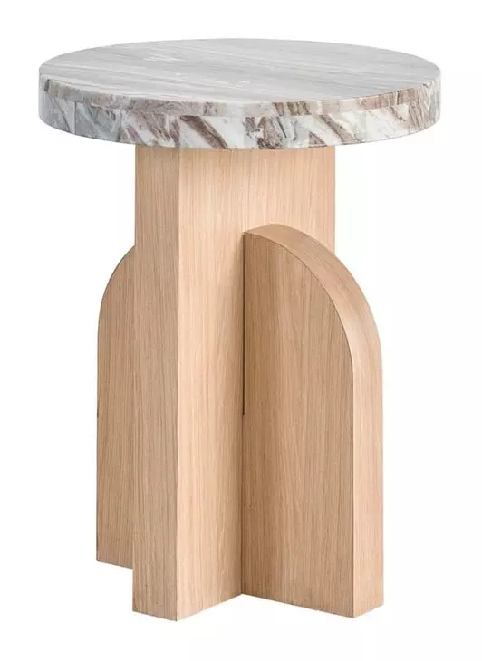 Voyage White and Tech Oak Round Stone Top Riverine Accent Table