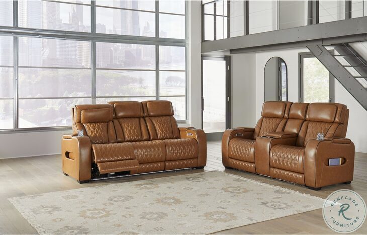 Boyington Caramel Power Reclining Console Loveseat with Adjustable Headrest