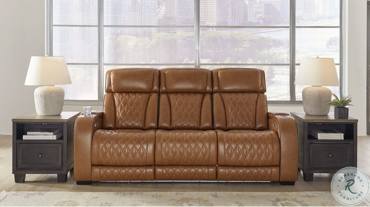 Boyington Caramel Power Reclining Sofa with Adjustable Headrest