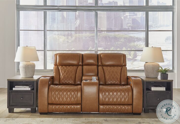 Boyington Caramel Power Reclining Console Loveseat with Adjustable Headrest