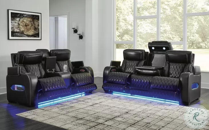 Boyington Black Leather Power Reclining Sofa with Adjustable Headrest