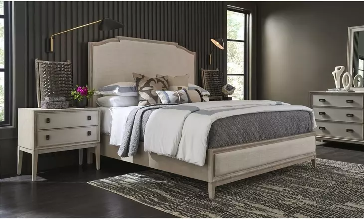 Waverly Beige and Rolling Fog King Upholstered Panel Bed