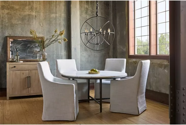 Griffith Park White and Bronze Round Travertine Top Dining Room Set