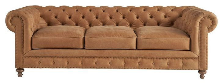 Berkely Winchester Sandstone 97" Leather Sofa with Pillows and Nailhead Trim
