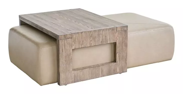 Dwell Aline Beige and Boulder Leather Upholstered Nesting Cocktail Table with Rectangular Ottoman