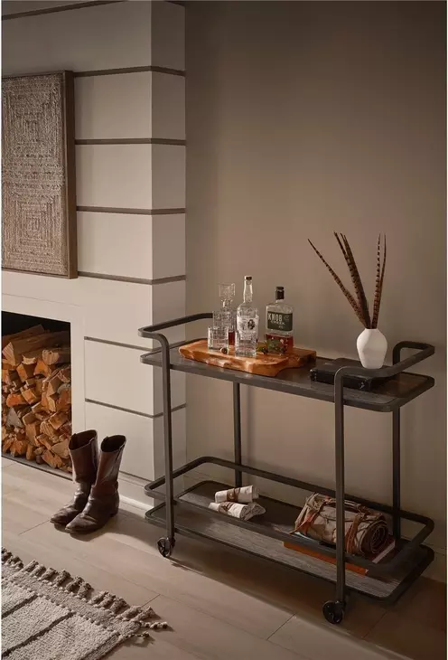 Modern Smoked Bronze and Gray Travertine Top Bar Cart