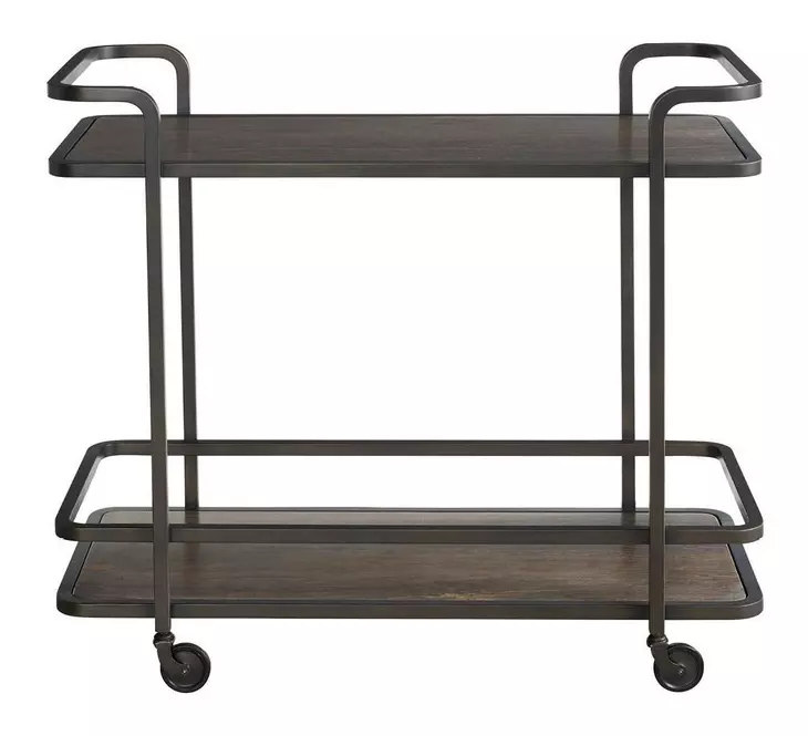 Modern Smoked Bronze and Gray Travertine Top Bar Cart