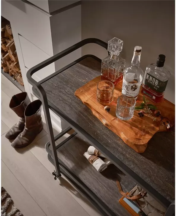 Modern Smoked Bronze and Gray Travertine Top Bar Cart