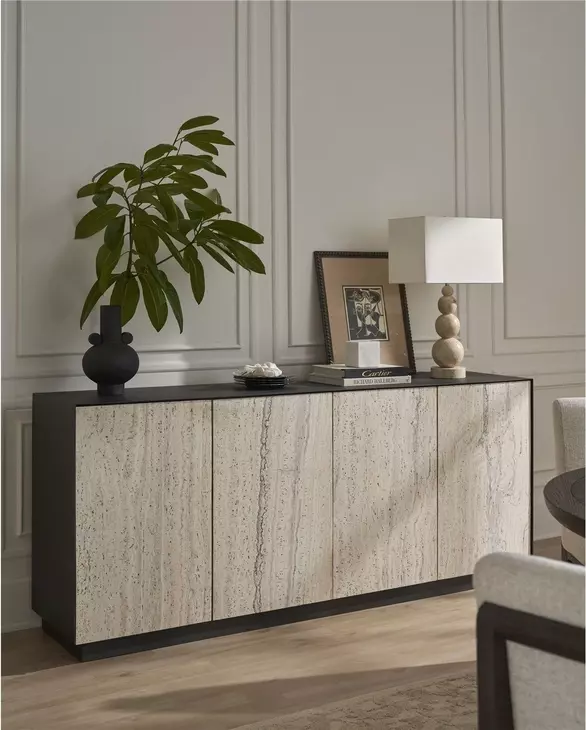 Modern Black and White 4 Door Travertine Stone Credenza