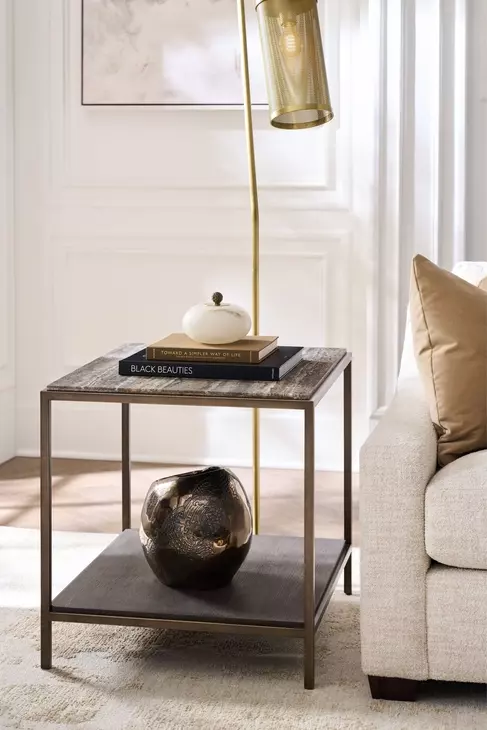 Ashford Brindle and Smoked Gold Rectangular Travertine Top End Table