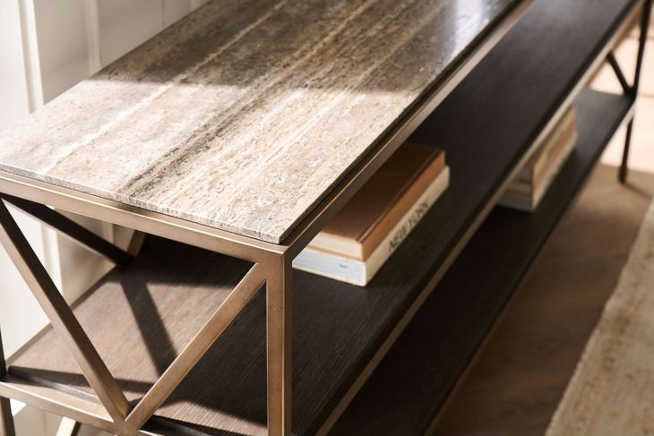 Montclair Brindle and Smoked Gold Rectangular Travertine Top Sofa Table