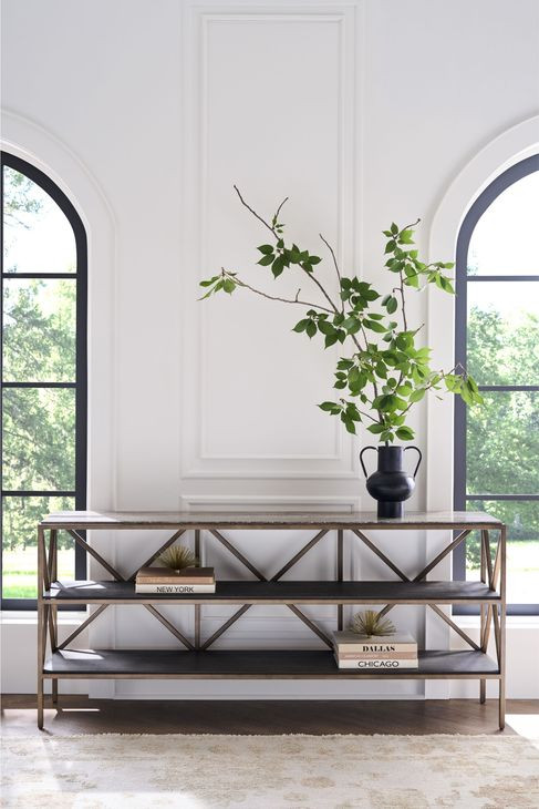 Montclair Brindle and Smoked Gold Rectangular Travertine Top Sofa Table