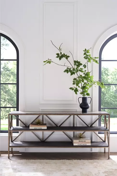 Ashford Brindle and Smoked Gold Rectangular Travertine Top Sofa Table