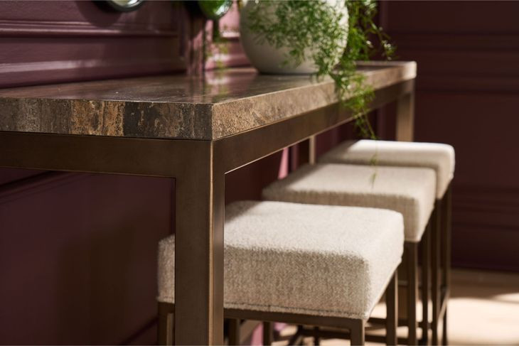 Montclair Brindle and Smoked Gold Rectangular Travertine Top Console Table with Stools