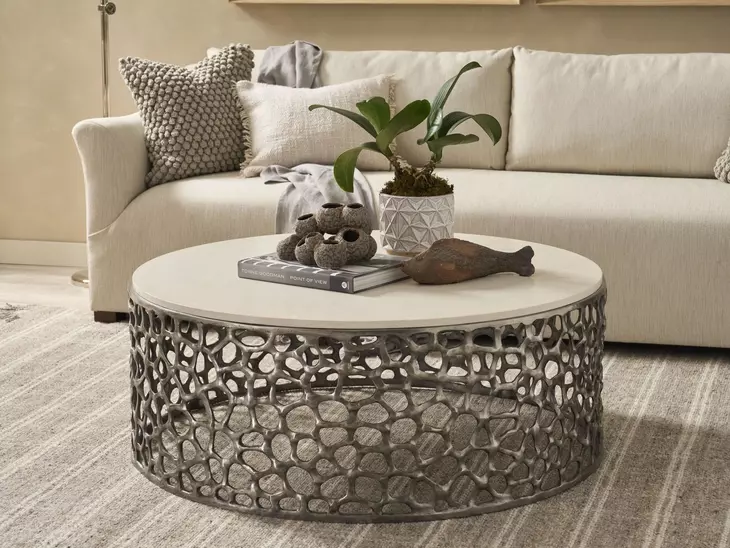Oasis Antique Nickel Round Quartz Top Cocktail Table