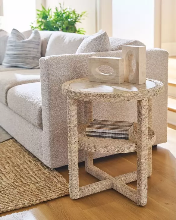 Azure Abaca and Travertine Round Side Table
