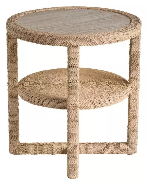 Azure Abaca and Travertine Round Side Table