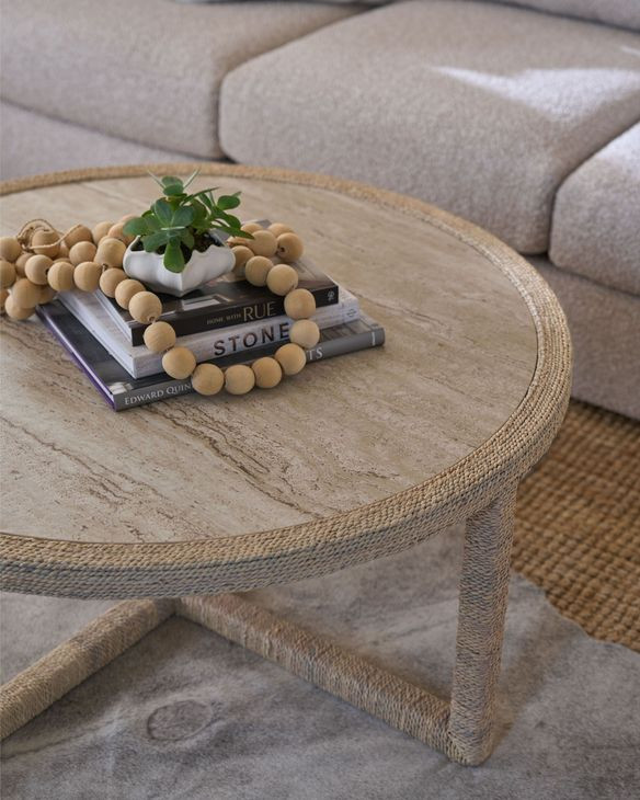 Azure Abaca and Travertine Round Cocktail Table