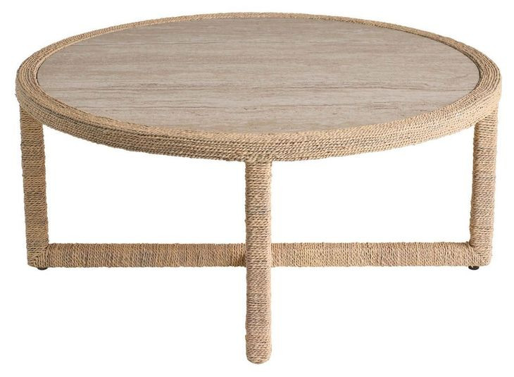 Azure Abaca and Travertine Round Cocktail Table