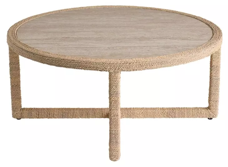 Azure Abaca and Travertine Round Cocktail Table