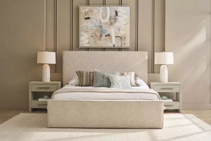 Oasis Drift Yukon Sand Performance Fabric Queen Upholstered Panel Bed