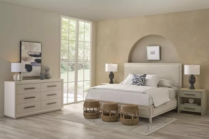 Oasis Nomad Snow Performance Fabric Tidal Upholstered Panel Bedroom Set