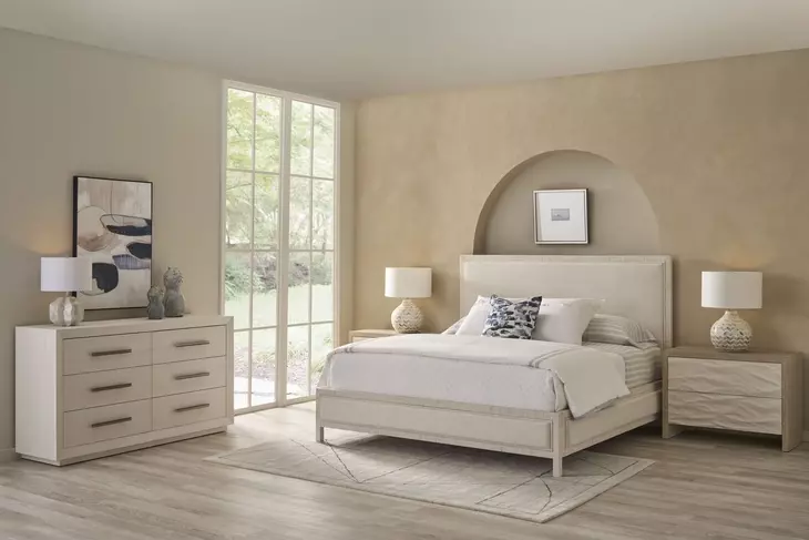 Oasis Nomad Snow Performance Fabric Tidal Upholstered Panel Bedroom Set