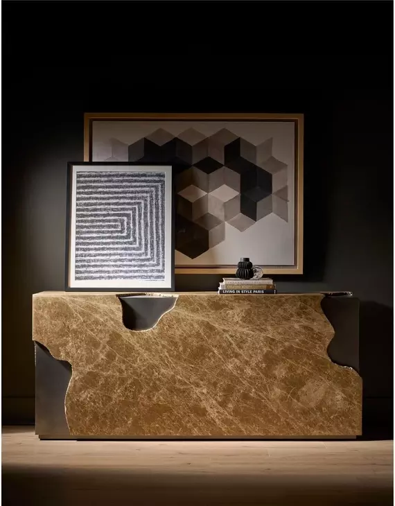 Modern Antique Nickel and Light Emperador Rectangular Stone Top Console Table