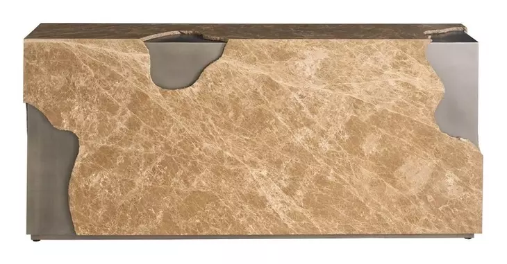 Modern Antique Nickel and Light Emperador Rectangular Stone Top Console Table