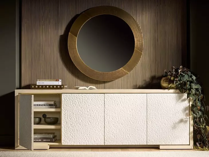 Modern Light Oak and White 4 Door Stone Credenza