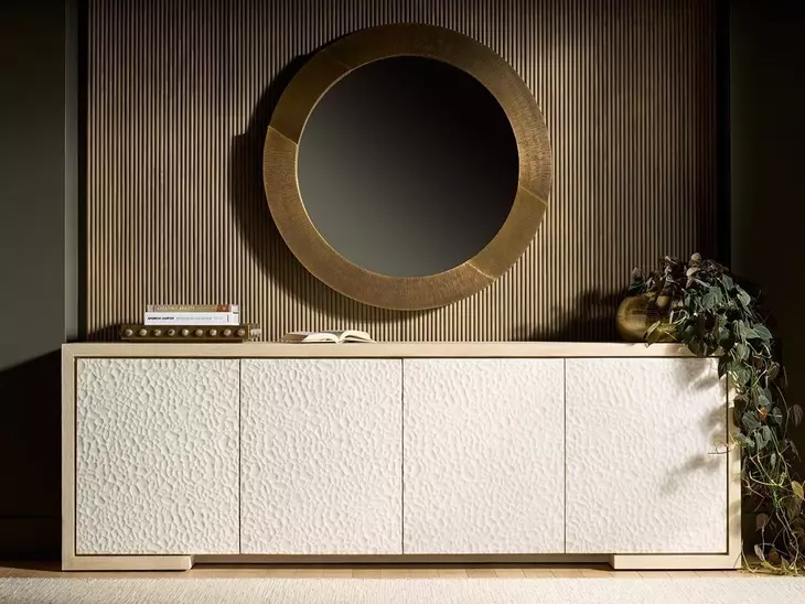 Modern Light Oak and White 4 Door Stone Credenza