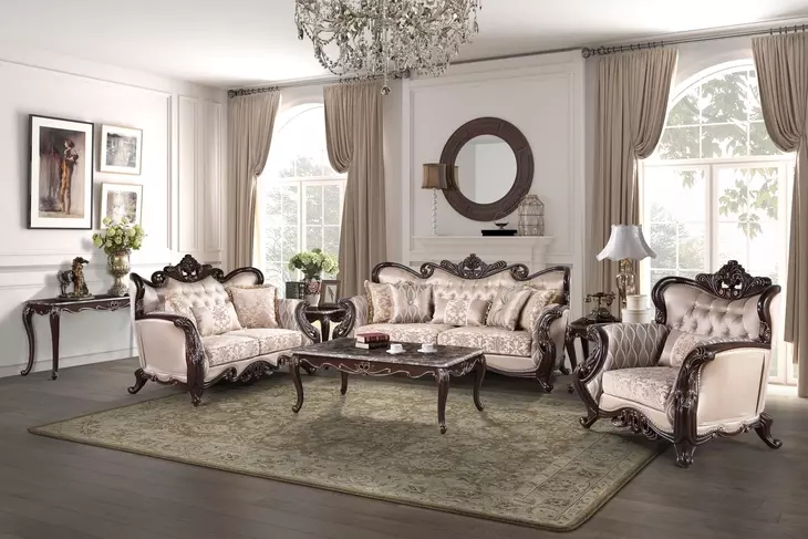 Constantine Beige Living Room Set with Nailhead Trim