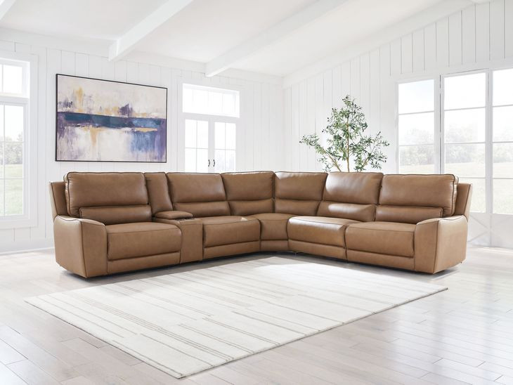 Spear Hill Caramel Leather 6 Piece Modular Reclining Sectional with Storage Console and USB Charging