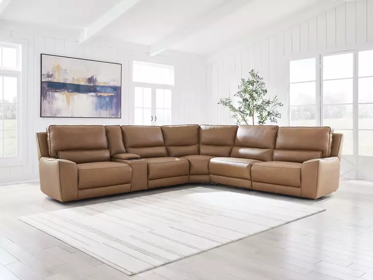 Silverbrooke Caramel Leather 6 Piece Modular Reclining Sectional with Storage Console and USB Charging