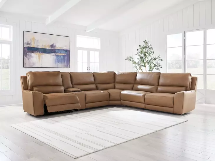 Silverbrooke Caramel Leather 6 Piece Modular Reclining Sectional with Storage Console and USB Charging