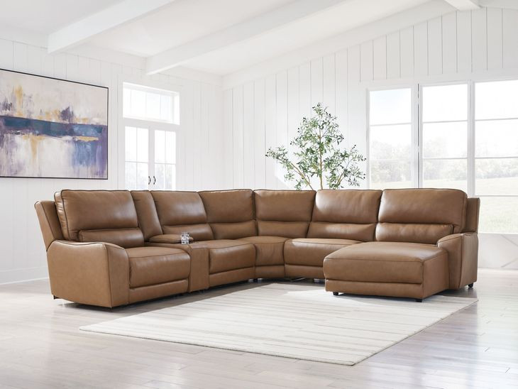 Spear Hill Caramel Leather 6 Piece Modular Power Reclining Sectional with RAF Chaise and USB Charging