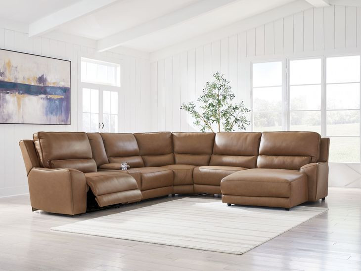 Spear Hill Caramel Leather 6 Piece Modular Power Reclining Sectional with RAF Chaise and USB Charging