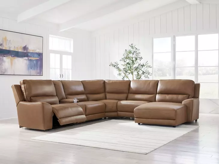 Silverbrooke Caramel Leather 6 Piece Modular Power Reclining Sectional with RAF Chaise and USB Charging