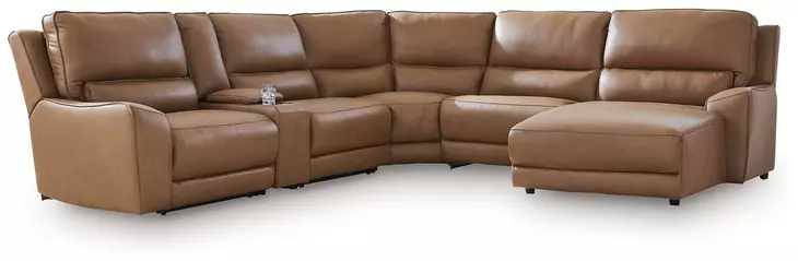 Silverbrooke Caramel Leather 6 Piece Modular Power Reclining Sectional with RAF Chaise and USB Charging