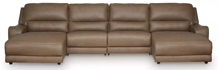 Silverbrooke Caramel Leather 4 Piece Modular Reclining Sectional with Double Chaise and USB Charging