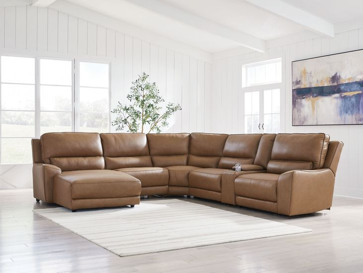 Spear Hill Caramel Leather 6 Piece Modular Power Reclining Sectional with USB Charging and Storage Console