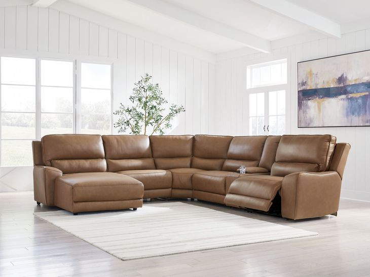 Spear Hill Caramel Leather 6 Piece Modular Power Reclining Sectional with USB Charging and Storage Console