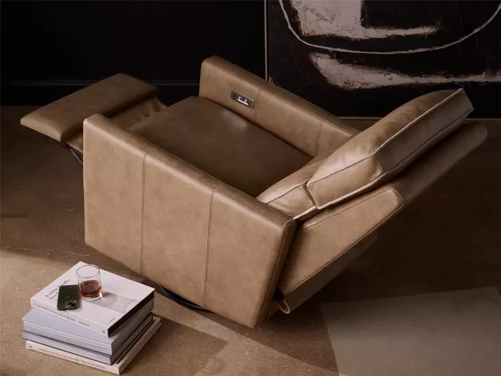 Mosaic Brown Leather Swivel Glider Power Recliner with USB Charging