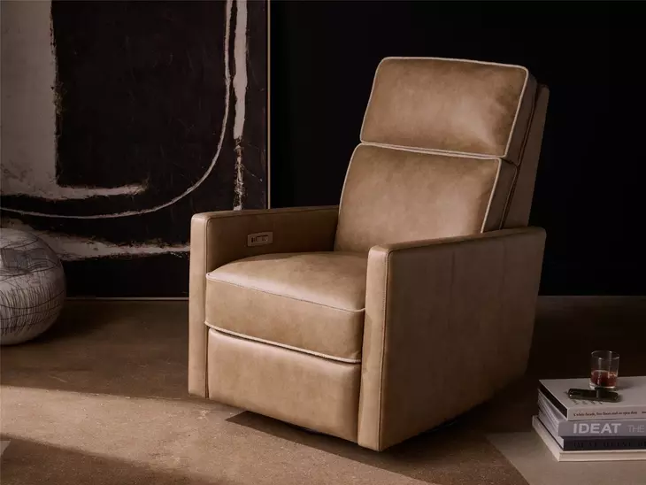 Mosaic Brown Leather Swivel Glider Power Recliner with USB Charging